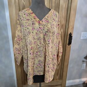SHEIN Floral V-Neck Blouse - Yellow and Pink